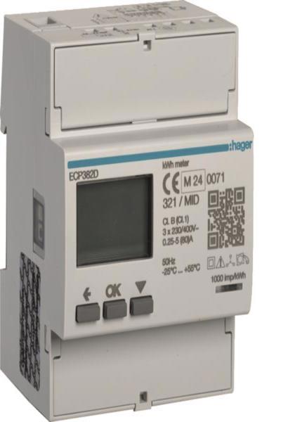 Hager Energy Meter: 3-Phase, 80A, 4M (4-Module) S0 MID (Measuring Instrument Directive) - ECP382D