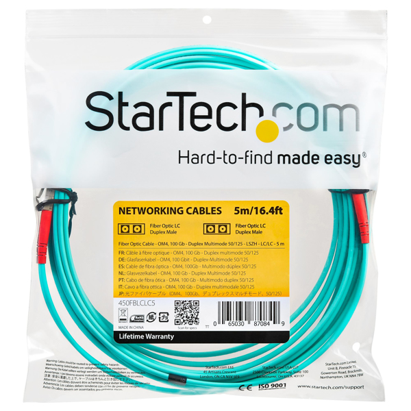 StarTech Aqua OM4 Duplex Multimode Fiber - 16 ft / 5m - 100 Gb - 50/125 - OM4 Fiber - LC to LC Fiber Patch Cable (450FBLCLC5) - network cable - 5 m - aquamarine - 450FBLCLC5