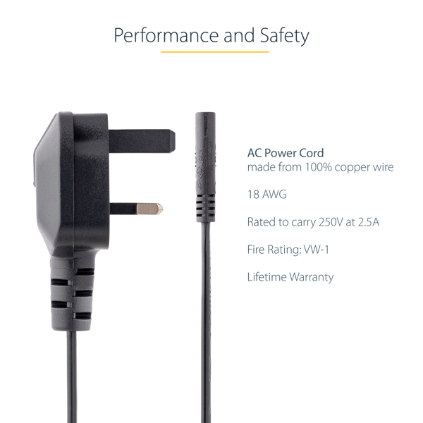 StarTech Laptop Power Cord 2 Slot - Power Cable (250 VAC) - BS 1363 (M) - IEC 320 EN 60320 C7 - 1.0m - Black - Great Britain and Northern Ireland (PXTNB2SUK1M) - PXTNB2SUK1M
