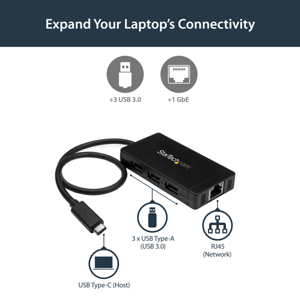 StarTech.com 3-Port USB-C Hub with Gigabit Ethernet - USB-C to 3x USB-A - USB 3.0 - Includes Power Adapter - Wired - USB - Ethernet - 1000 Mbit/s - Black - HB30C3A1GE