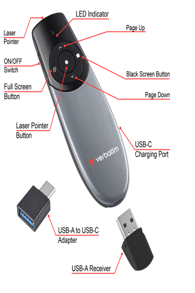 VERBATIM FOCUS WIRELESS PRESENTER WITH RED LASER POINTER - 32365