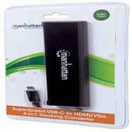 Manhattan USB-C 4-Port Hub/Dock/Converter - USB-C to HDMI or VGA and 2x USB-A Ports and SD Card Reader - 5 Gbps (USB 3.2 Gen1 aka USB 3.0); HDMI Ultra-High-Definition - 1080p@60Hz or 3840x2160p@30Hz (4K) - VGA HD 1080p video; Male to Females - Cable 8cm - Alum - Bl