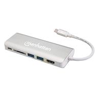 Manhattan USB-C Dock/Hub with Card Reader - Ports (x5): Ethernet - HDMI - USB-A (x2) and USB-C - With Power Delivery (60W) to USB-C Port (Note additional USB-C wall charger and USB-C cable needed) - Cable 13cm - Aluminium - Grey - Three Year Warranty - Retail Box -