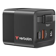 Chargeur Verbatim GaN 65 W avec câble rétractable, 2 ports USB-C, 1 port USB-A