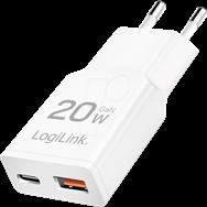 LogiLink adapter GaN 20Watt 1xUSB-C 1xUSB-A Hvid