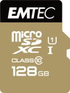 EMTEC microSD Classe 10 Gold+ 128 Go - 128 Go - MicroSDXC - Classe 10 - 85 Mo/s - 21 Mo/s - Noir, Or