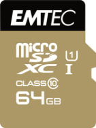 EMTEC microSD Class10 Gold+ 64 Go - 64 Go - MicroSDXC - Classe 10 - 85 Mo/s - 21 Mo/s - Noir, Or