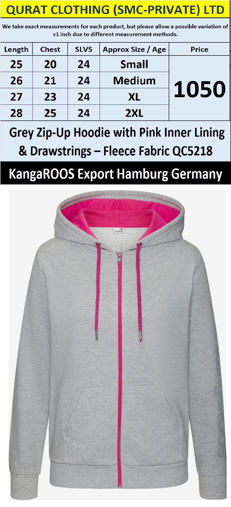 KangaROOS Grey Zip-Up Fleece Hoodie with Pink Inner Lining QC5218 – Export Hamburg Germany