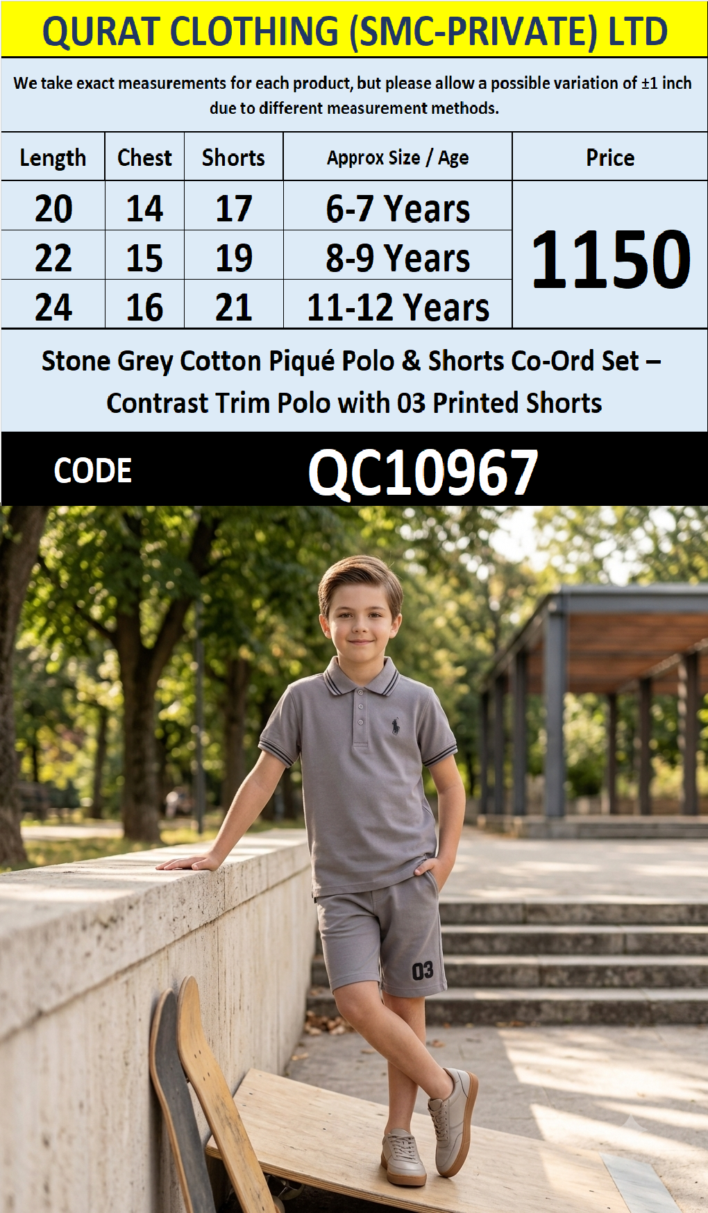 Stone Grey Cotton Piqué Polo & Shorts Co-Ord Set – Contrast Trim Polo with 03 Printed Shorts – QC10967