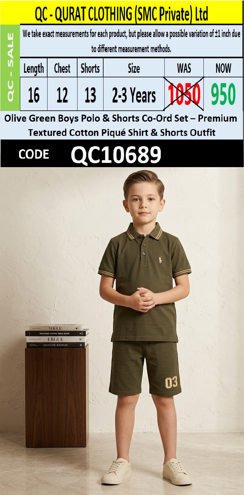 Olive Green Boys Polo & Shorts Co-Ord Set – Premium Textured Cotton Piqué Shirt & Shorts Outfit QC10689
