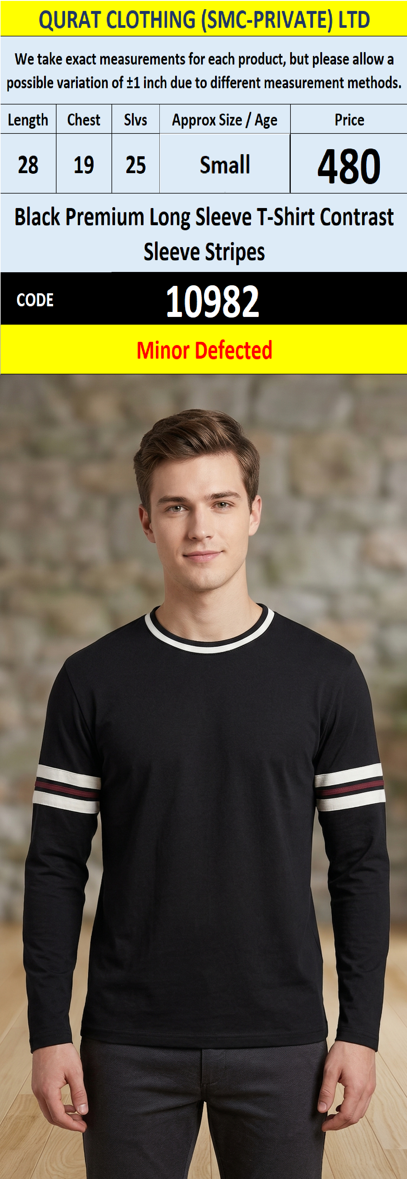 Black Premium Long Sleeve T-Shirt with Contrast Sleeve Stripes – QC10982