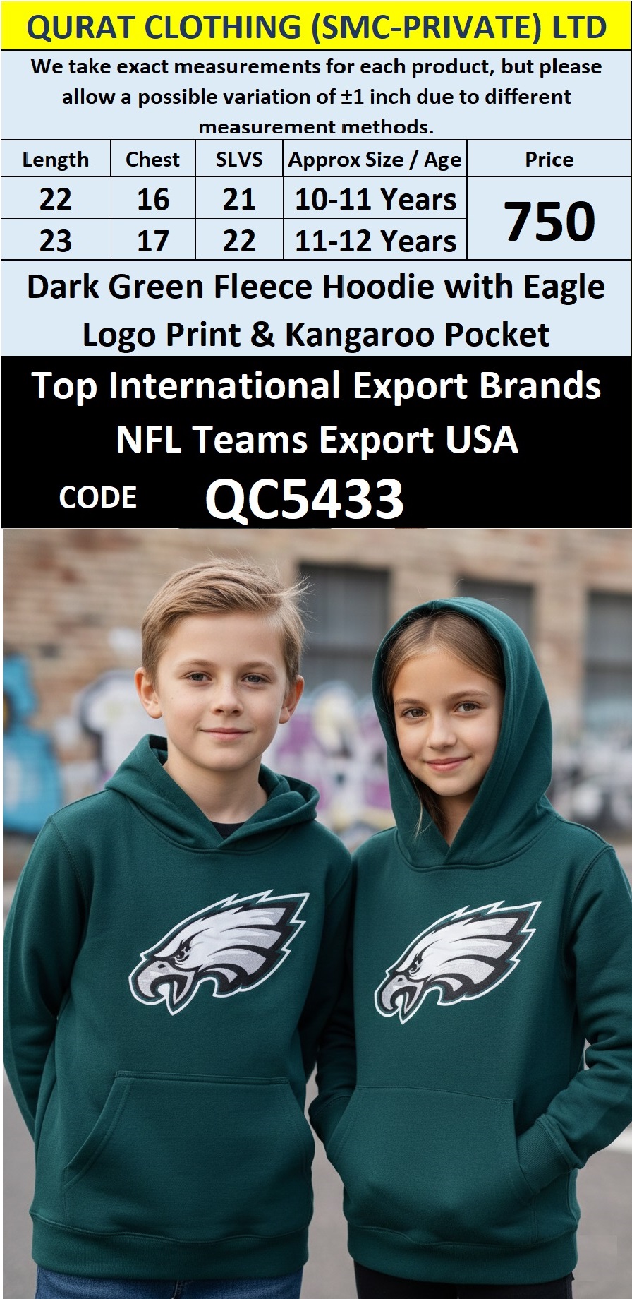 Dark Green Fleece Hoodie Eagle Logo Print with Kangaroo Pocket – Export USA – QC5433