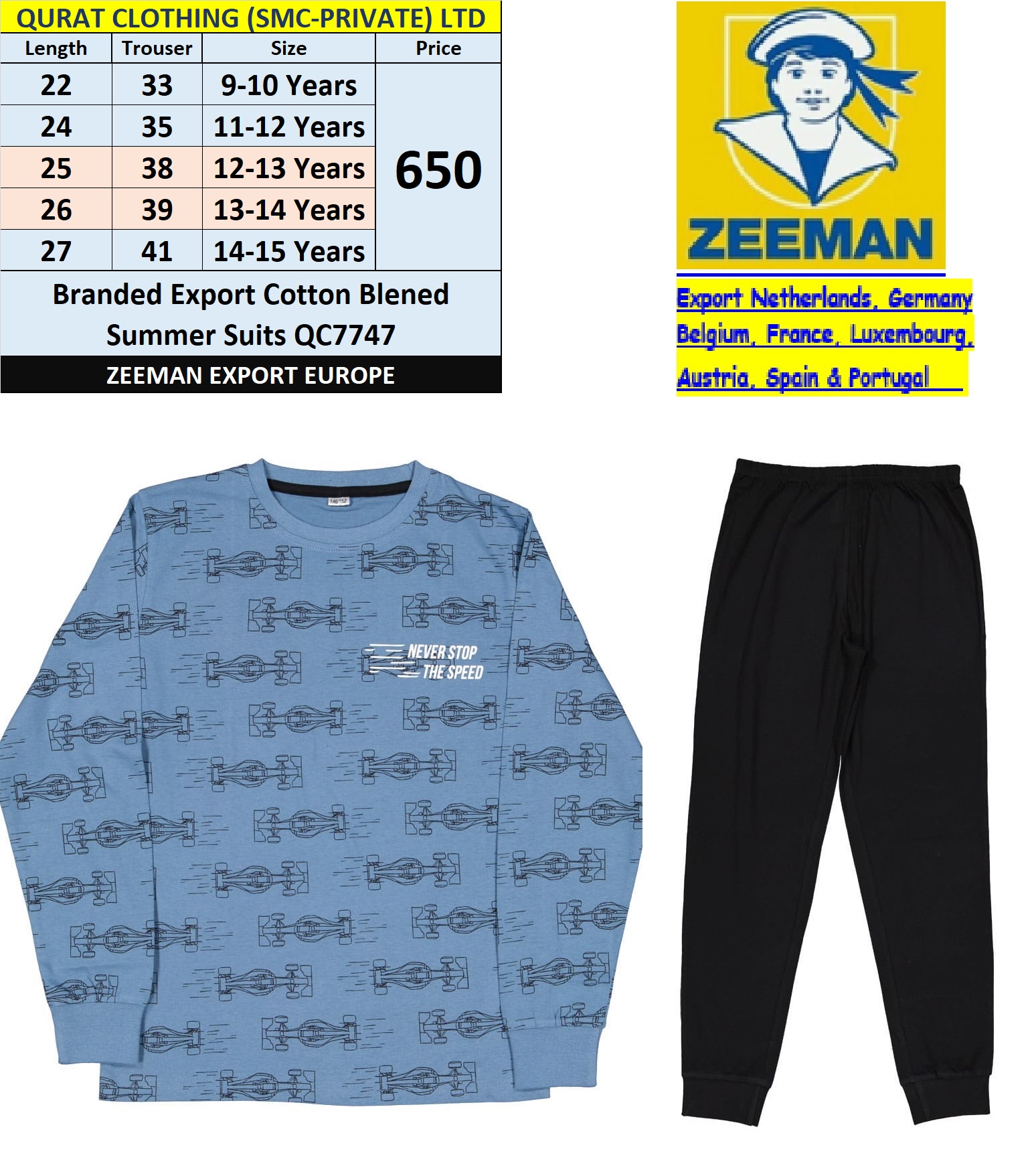 Zeeman Brand Cotton Blended Summer Suit QC7747 Export Europe 