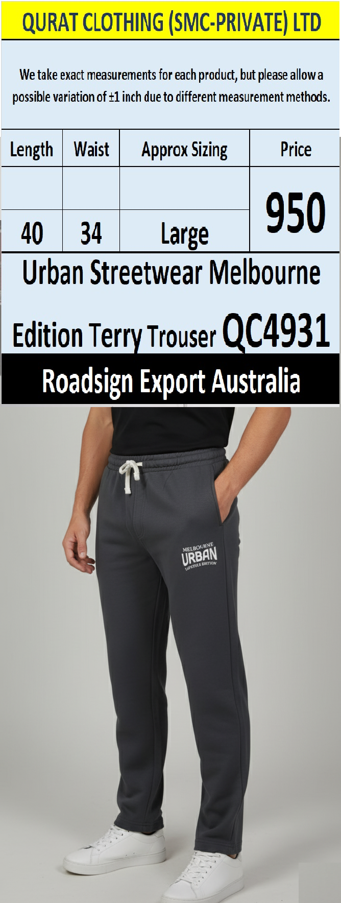 Roadsign Brand “Urban Streetwear Melbourne Edition” Terry Trouser QC4931 – Export Australia