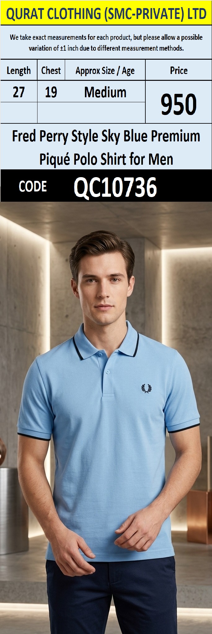 Fred Perry Style Sky Blue Premium Piqué Polo Shirt for Men – QC10736