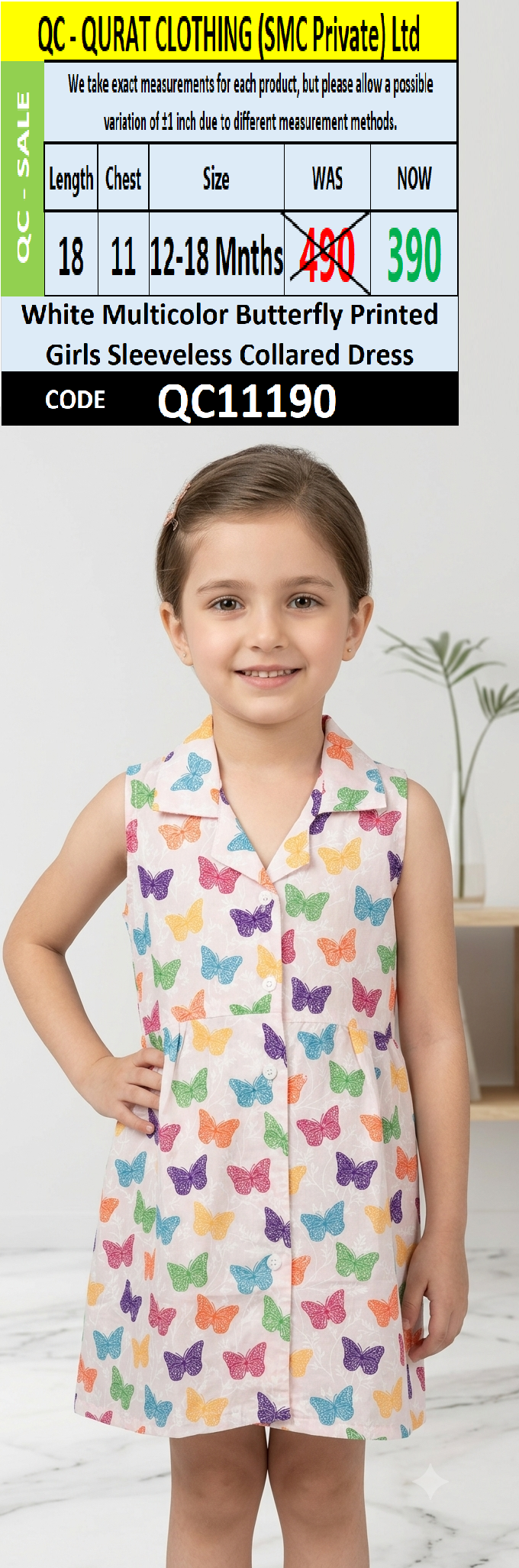 White Multicolor Butterfly Printed Girls Sleeveless Collared Dress QC11190