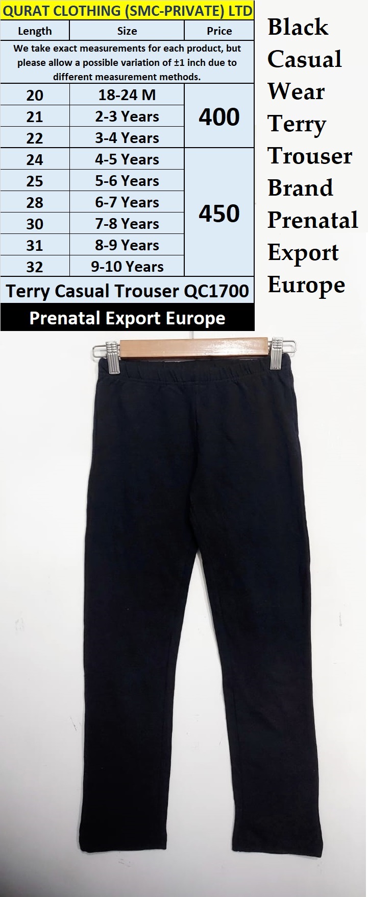 Black Prenatal Brand Terry Casual Trouser QC1700 Export Europe