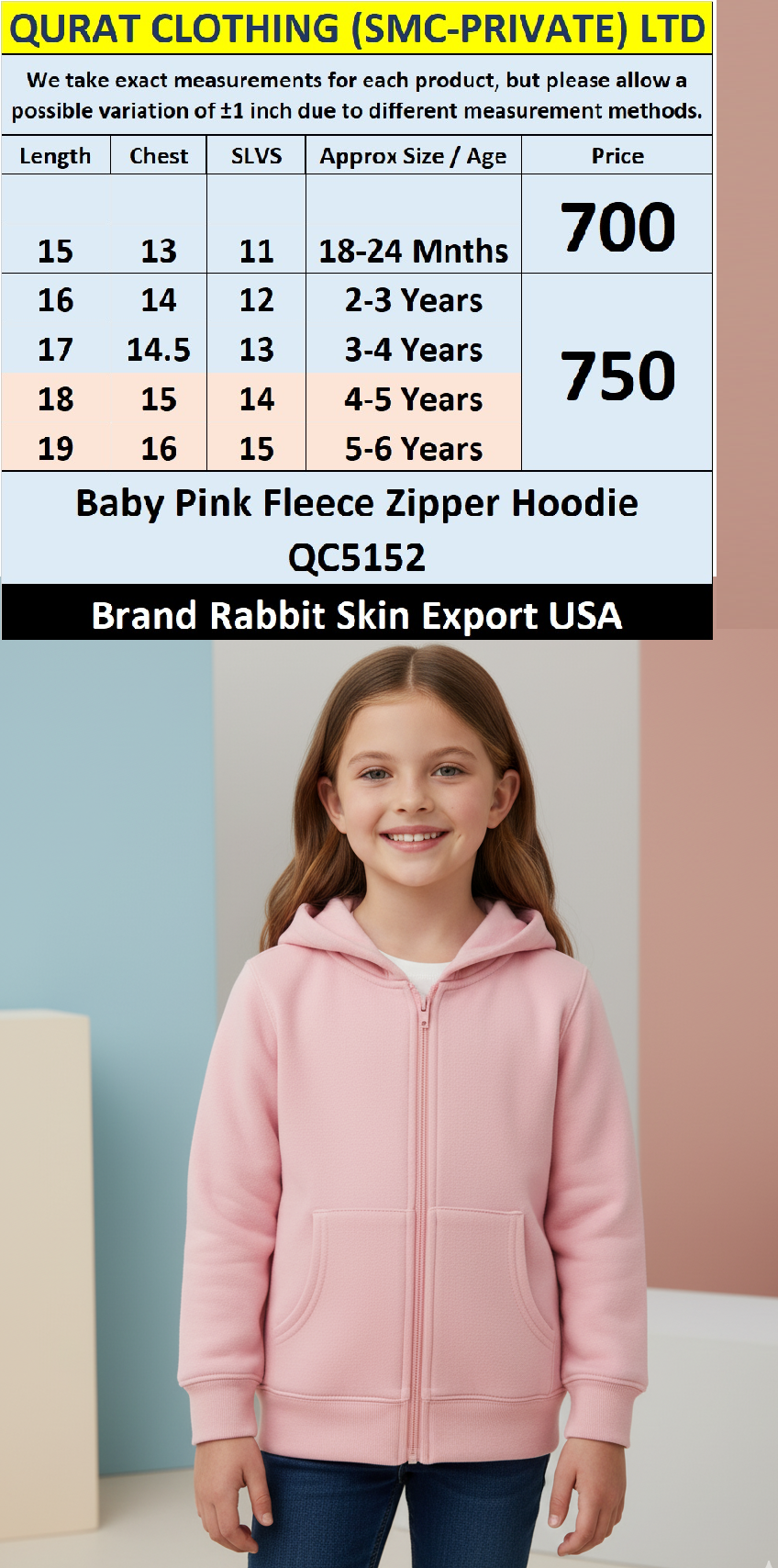 Rabbit Skin Baby Pink Fleece Zipper Hoodie QC5152 – Export USA