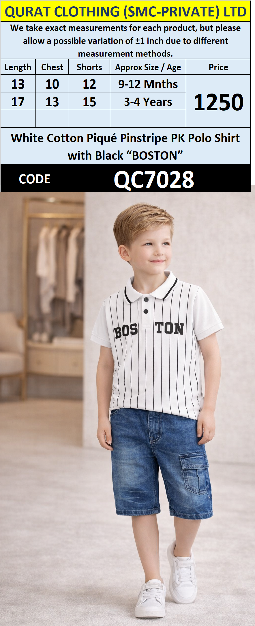 White Cotton Piqué Pinstripe Polo Shirt with Black “BOSTON” Print QC7028