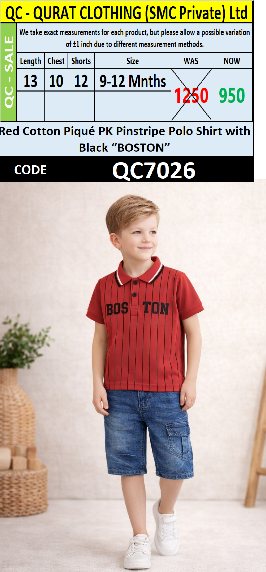 Red Cotton Piqué Pinstripe Polo Shirt with Black “BOSTON” Print QC7026