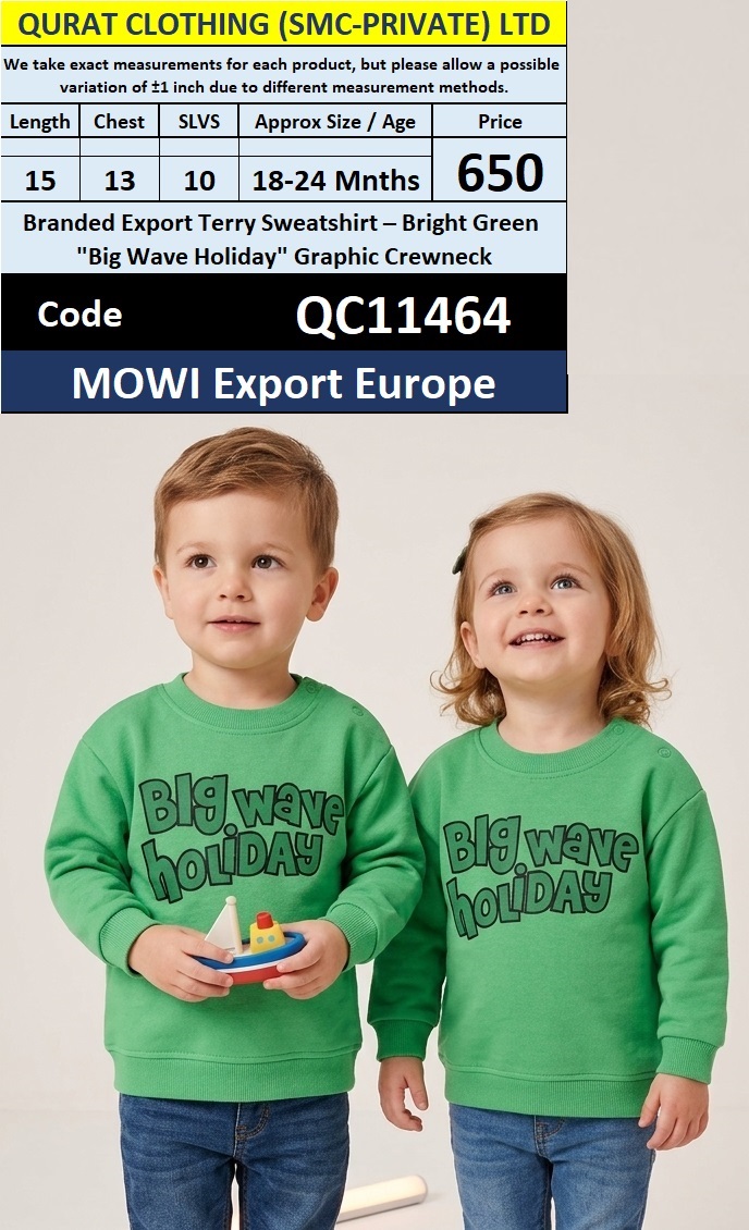 QC11464 – Branded Export Bright Green “Big Wave Holiday” Graphic Terry Crewneck Sweatshirt – MOWI Export Europe