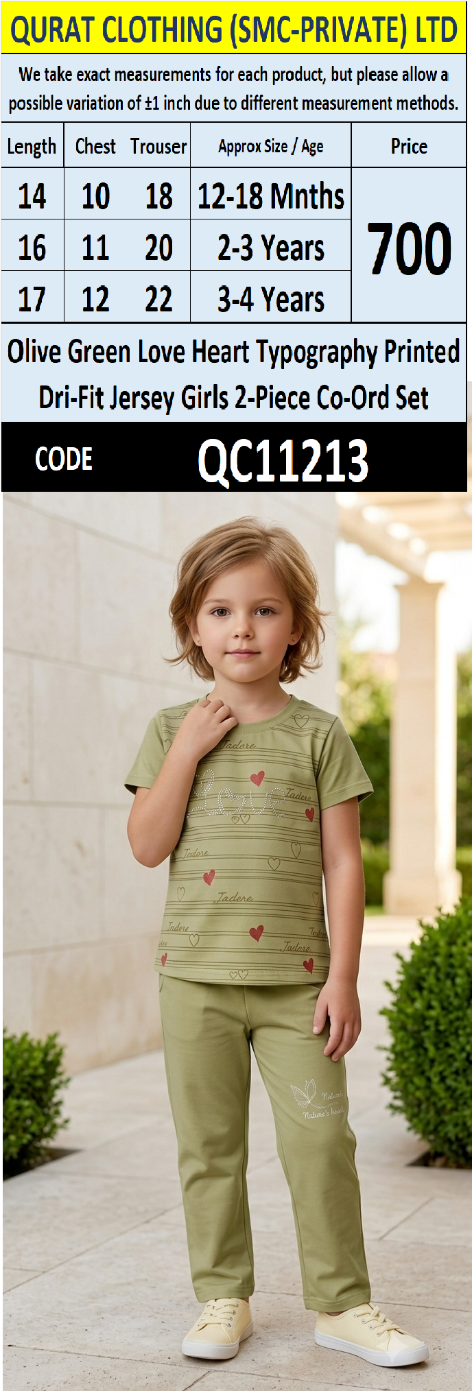 Olive Green Love Heart Typography Printed Dri-Fit Jersey Girls 2-Piece Co-Ord Set QC11213