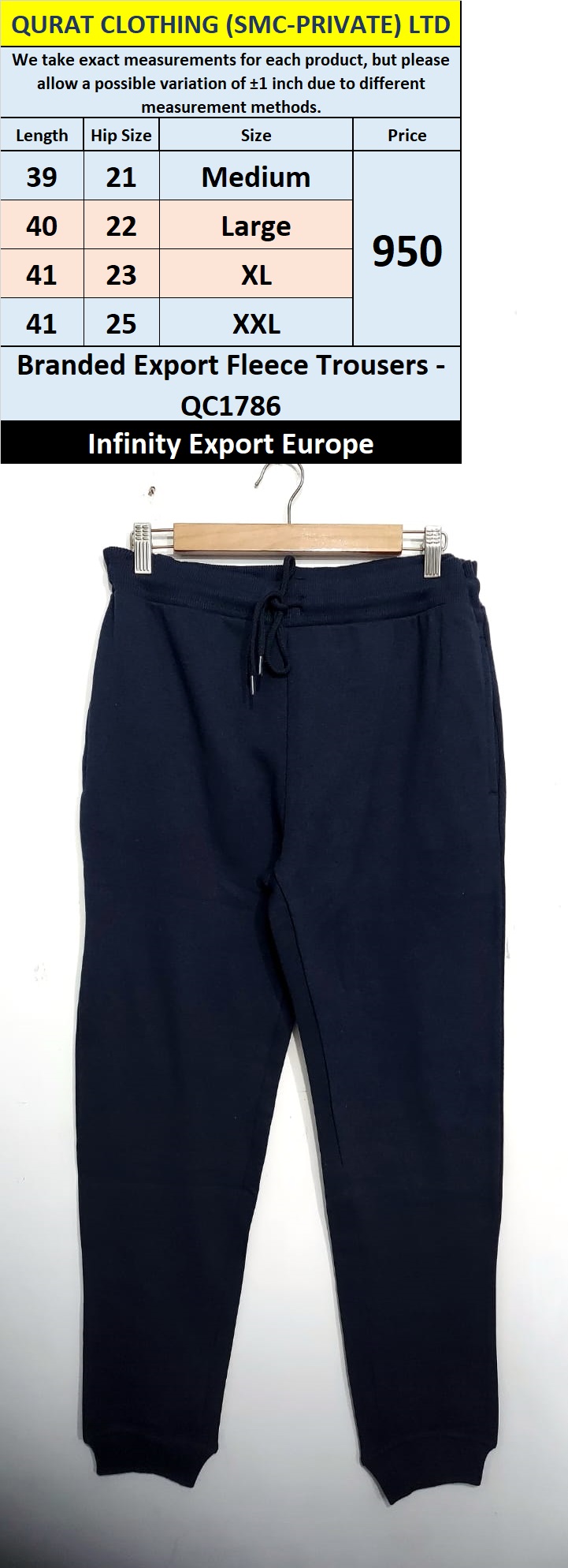 Infinity Brand Fleece Trouser QC1786 Export Europe 