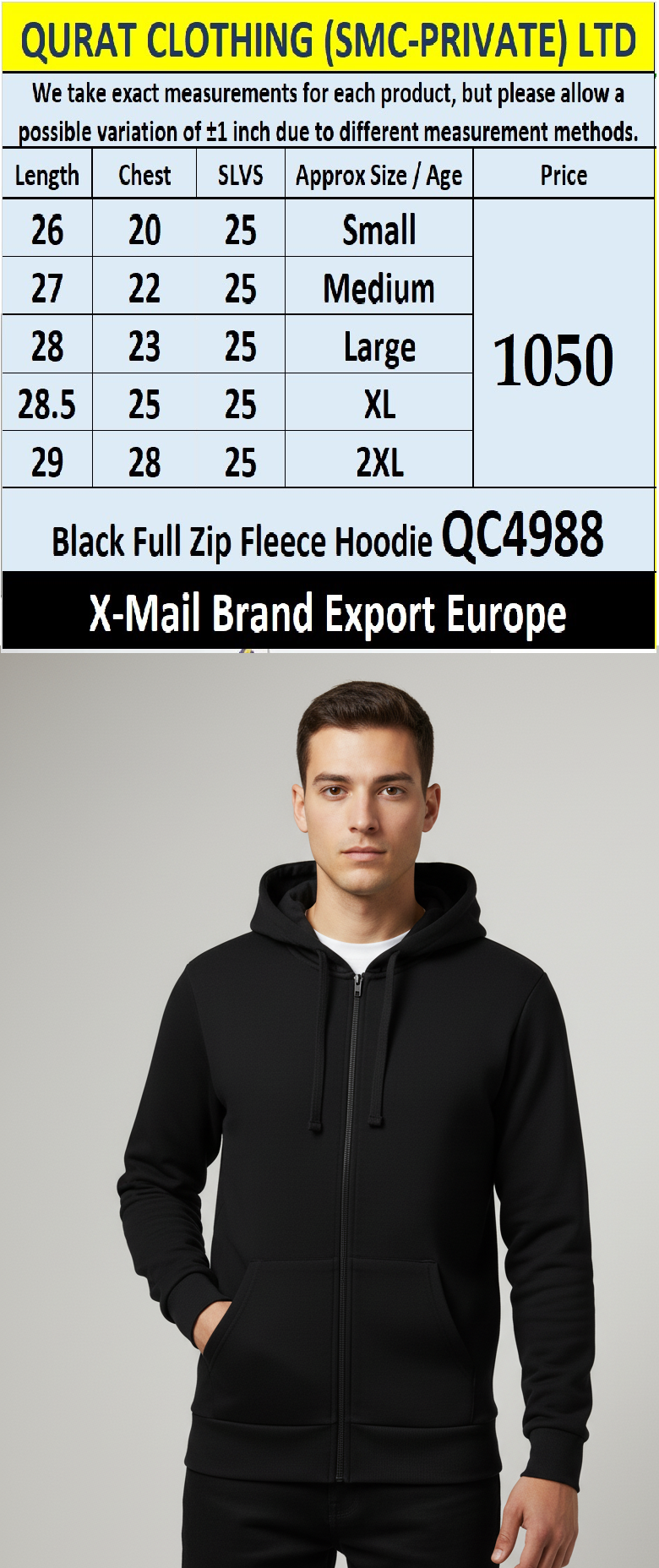 X-Mail Brand Black Full Zip Fleece Hoodie QC4988 – Export Europe