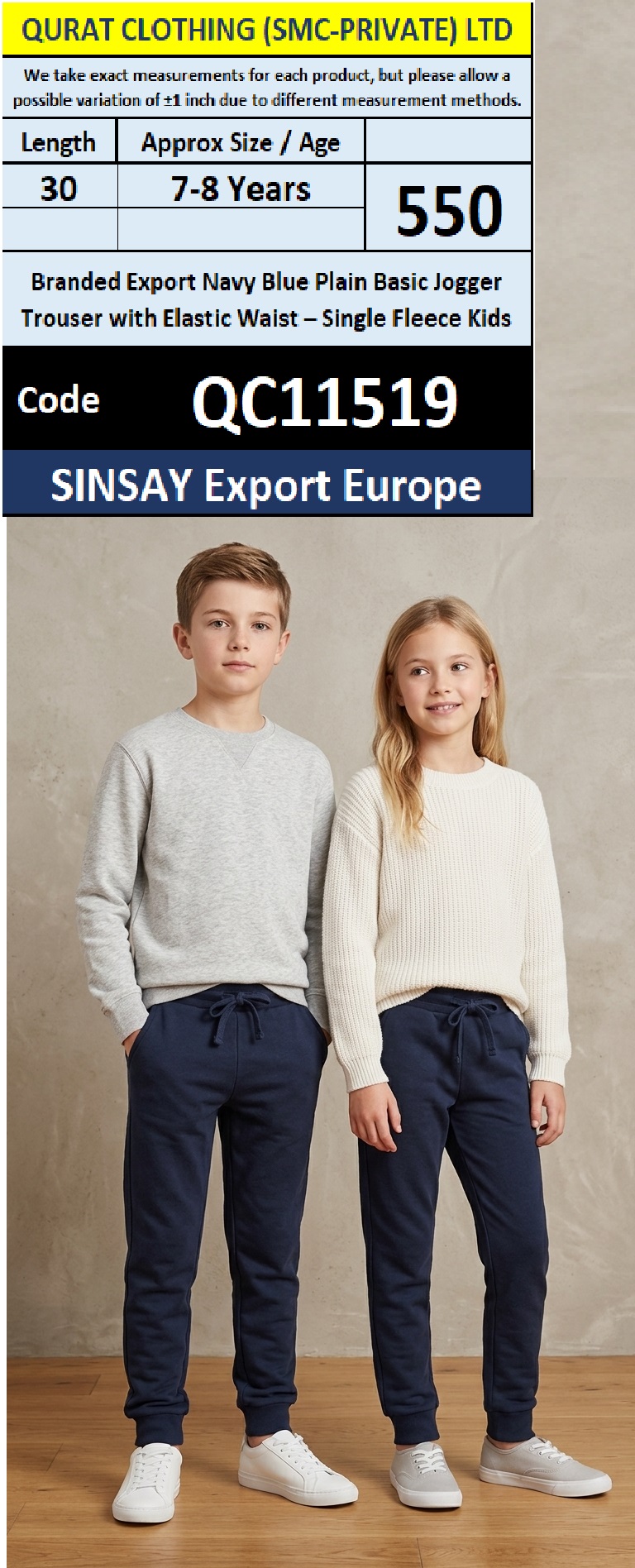SINSAY Export Europe Branded Navy Blue Plain Basic Jogger Trouser with Elastic Waist – Single Fleece Kids – QC11519