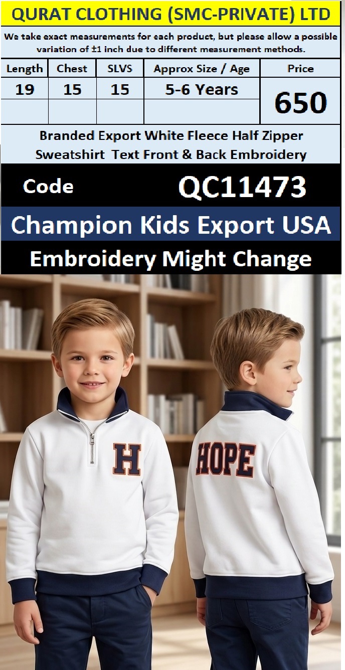Branded Export White Fleece Half Zipper Sweatshirt Text Front & Back Embroidery – Champion Kids Export USA – QC11473