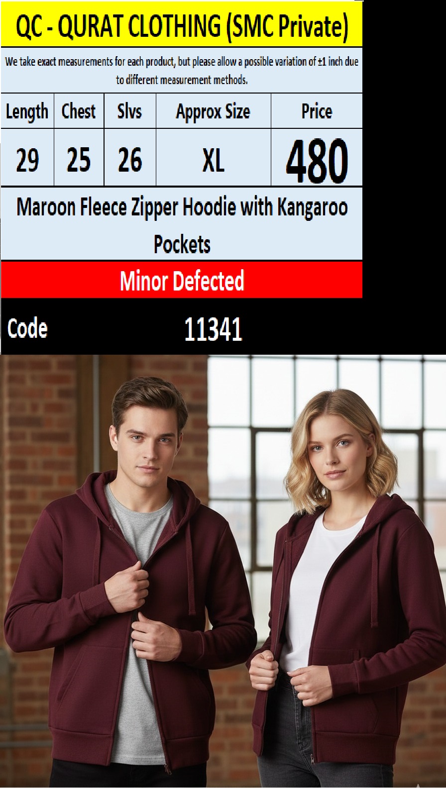 Maroon Fleece Zipper Hoodie with Kangaroo Pockets – QC11341