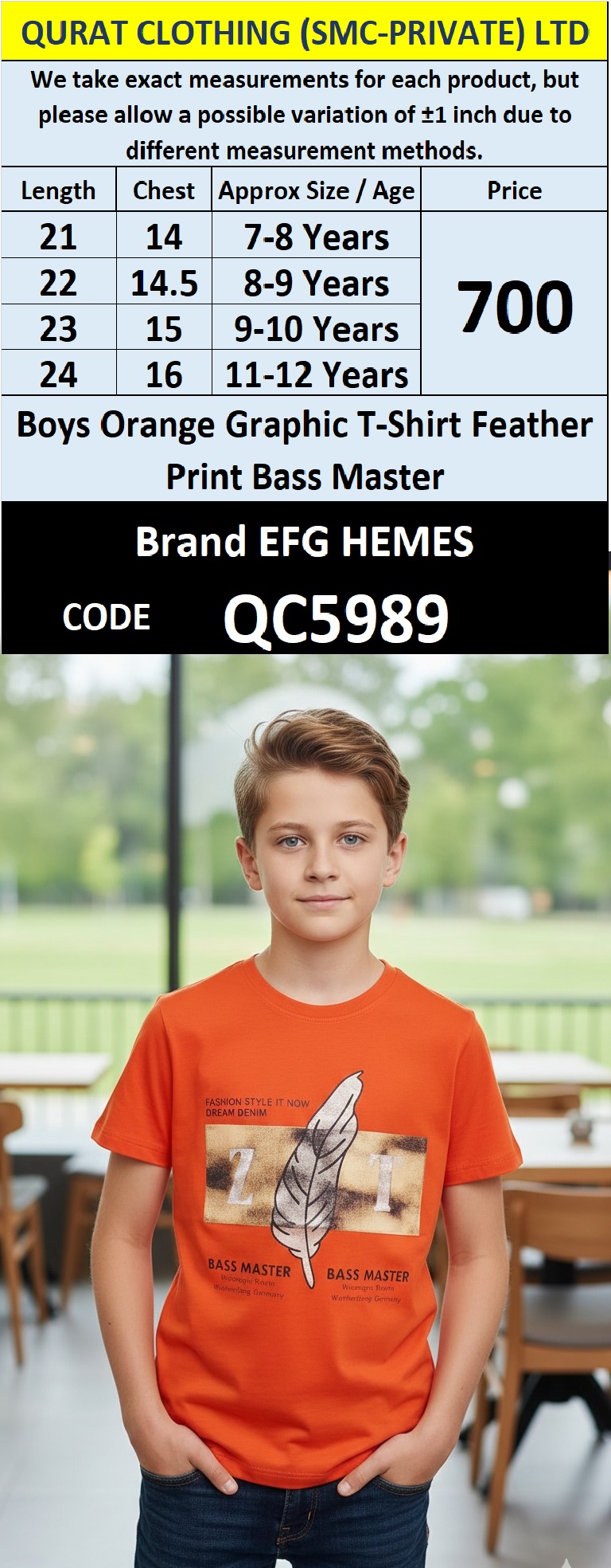 Orange Cotton-Blend T-Shirt Feather Print BASS MASTER Graphic Design – Kids Tee – QC5989