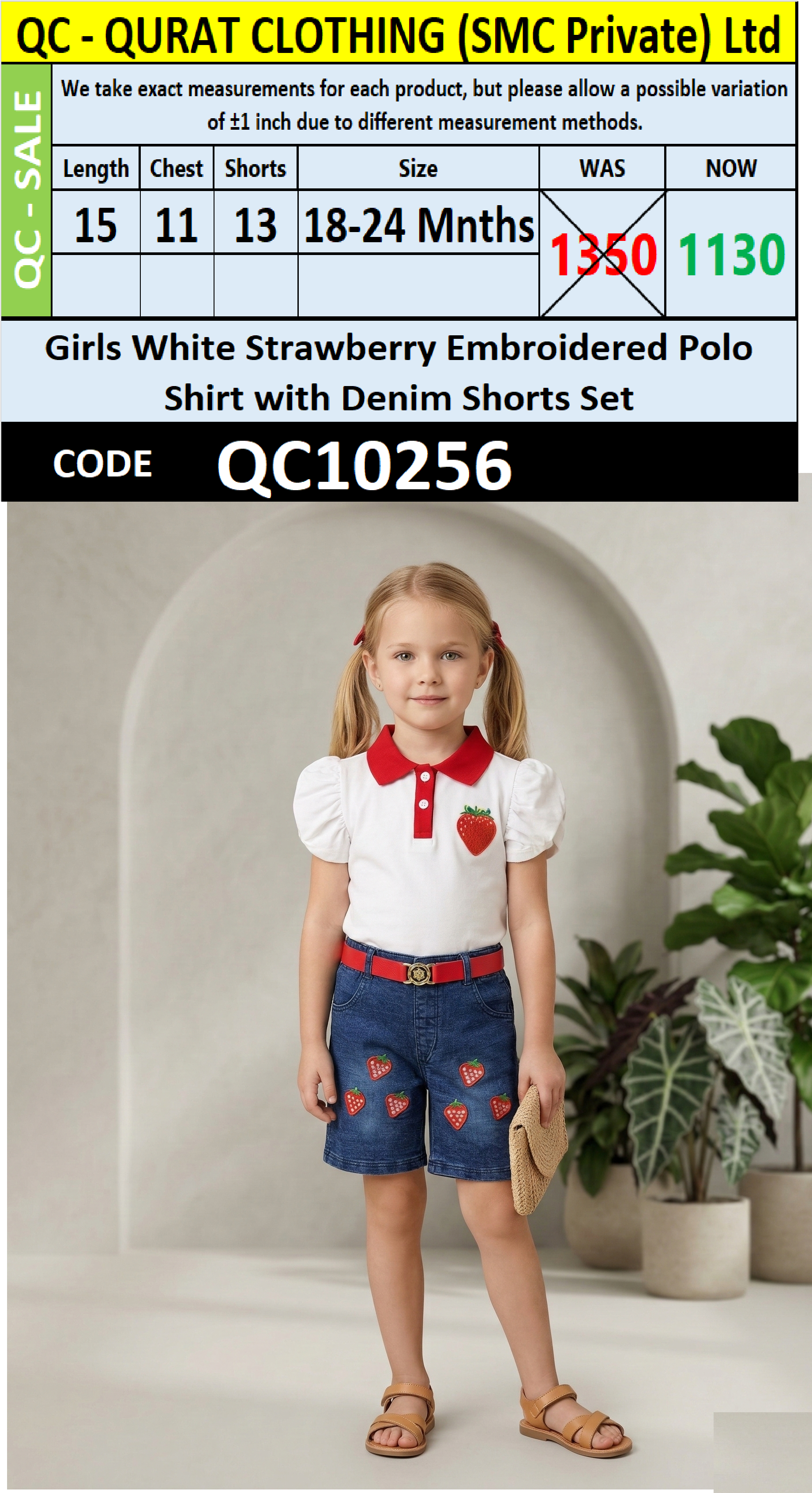 Girls White Strawberry Embroidered Polo Shirt with Denim Shorts Set – QC10256