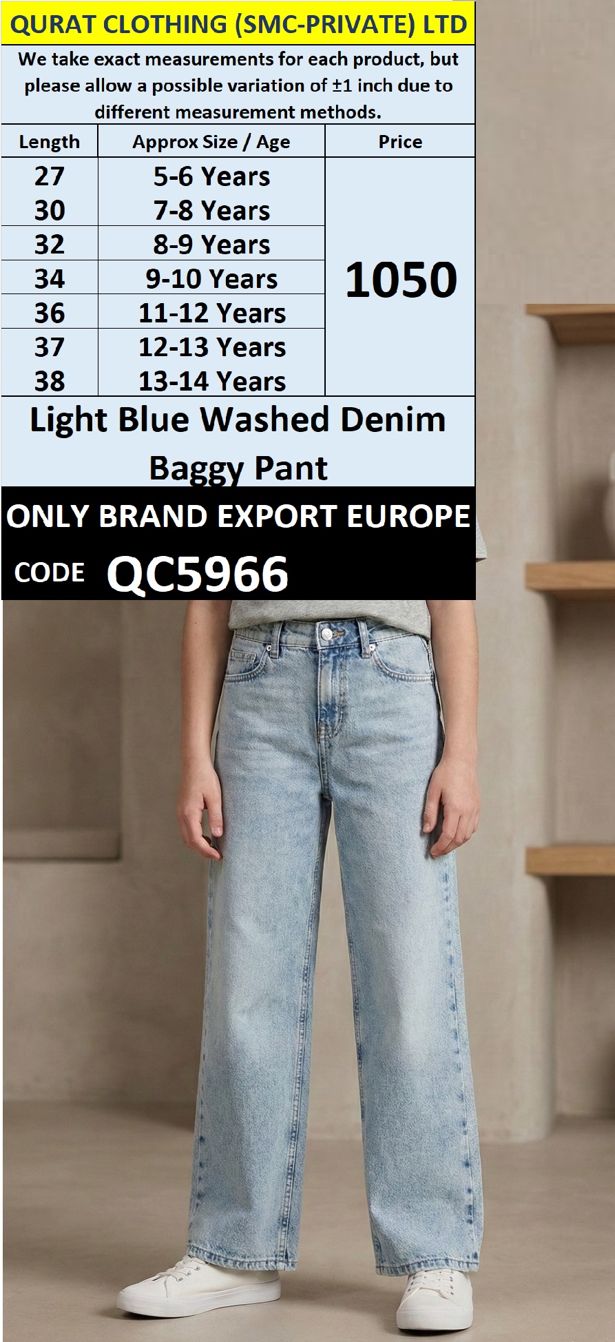 ONLY Brand Light Blue Washed Denim Baggy Pant – QC5966 Export Europe