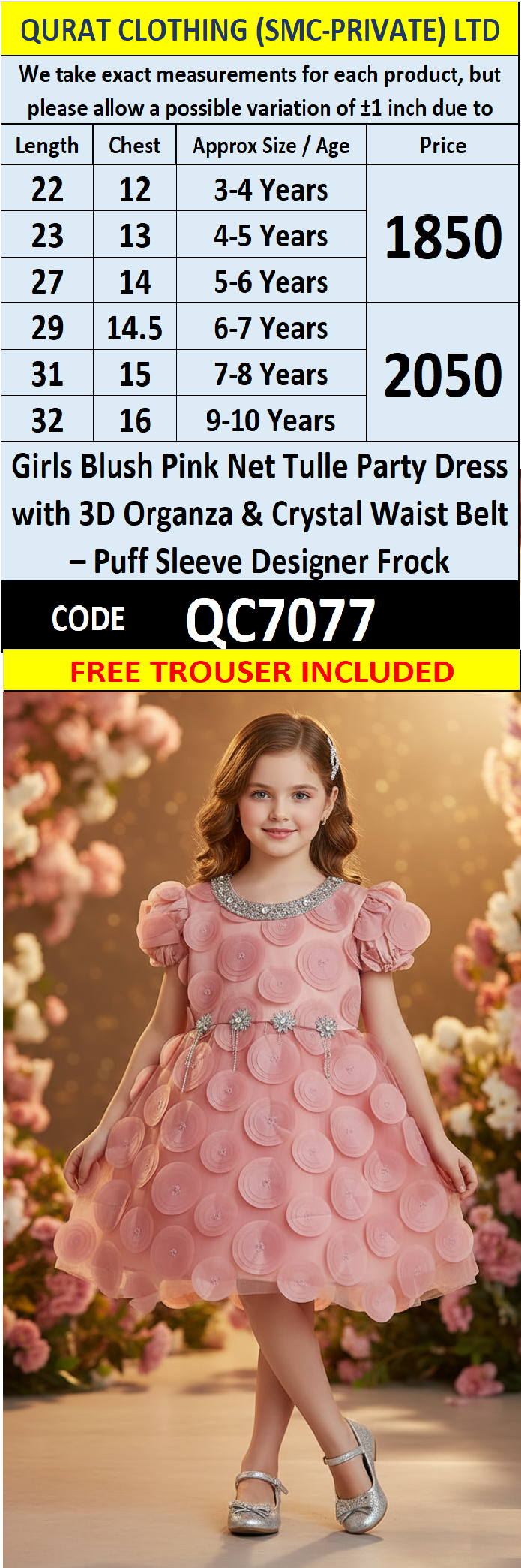 Girls Blush Pink Net Tulle Party Dress with 3D Organza & Crystal Waist Belt – Puff Sleeve Designer Frock QC7077 - QC7077