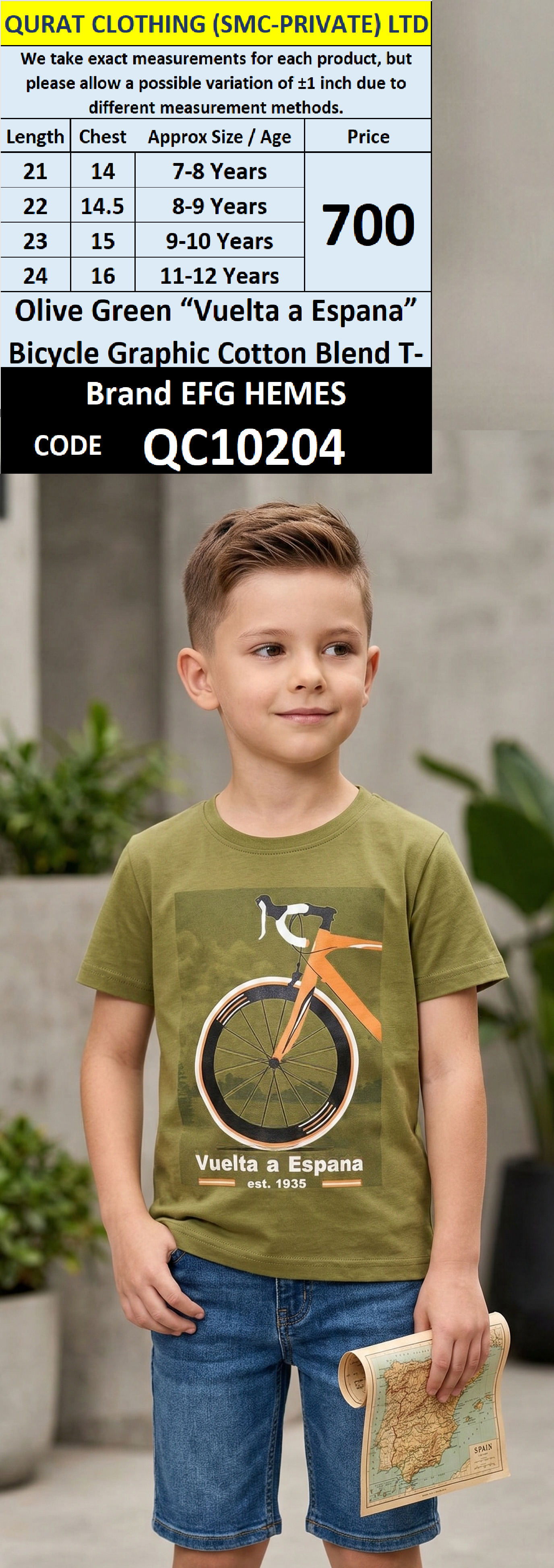 Olive Green “Vuelta a Espana” Bicycle Graphic Cotton Blend T-Shirt – Brand EFG HEMES – QC10204