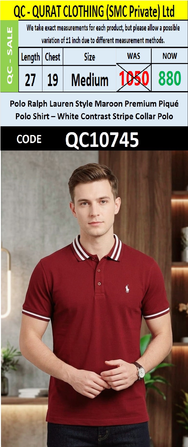 Polo Ralph Lauren Style Maroon Premium Piqué Polo Shirt – White Contrast Stripe Collar Polo QC10745
