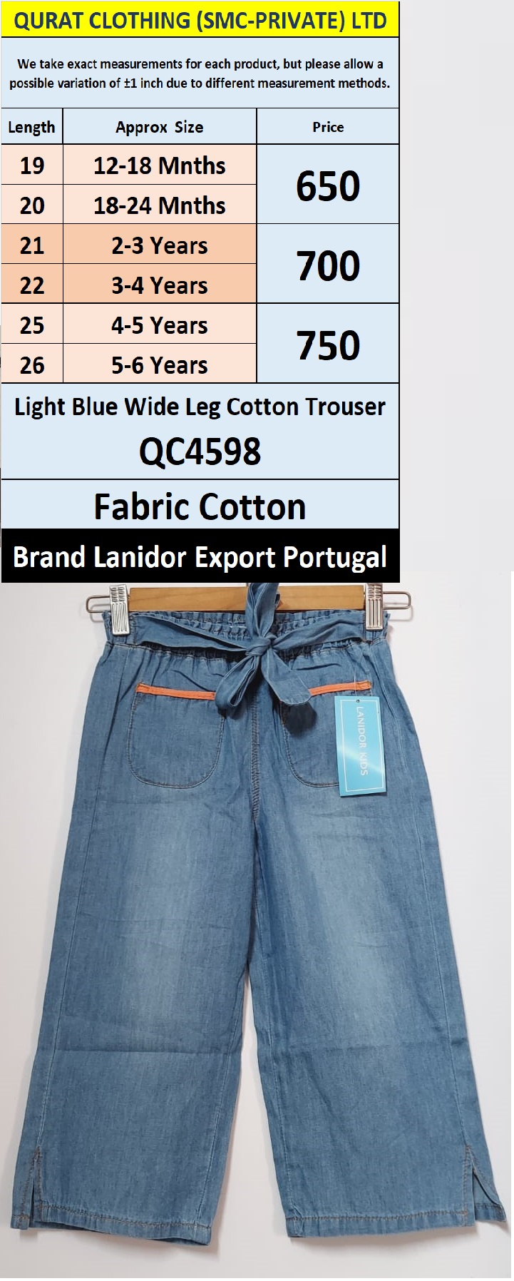 Lanidor Brand Light Blue Wide Leg Cotton Trouser Export Portugal - QC4598