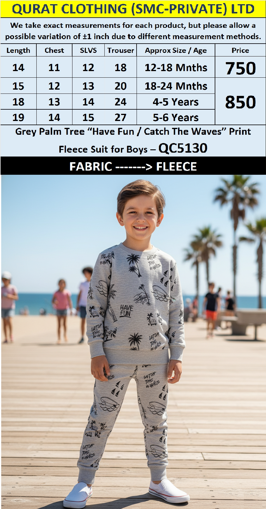 Grey Palm Tree “Have Fun / Catch The Waves” Print Fleece Suit for Boys – QC5130