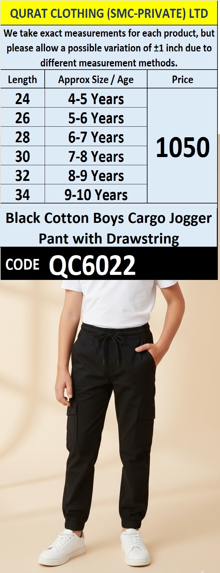 Black Cotton Boys Cargo Jogger Pant with Drawstring – QC6022