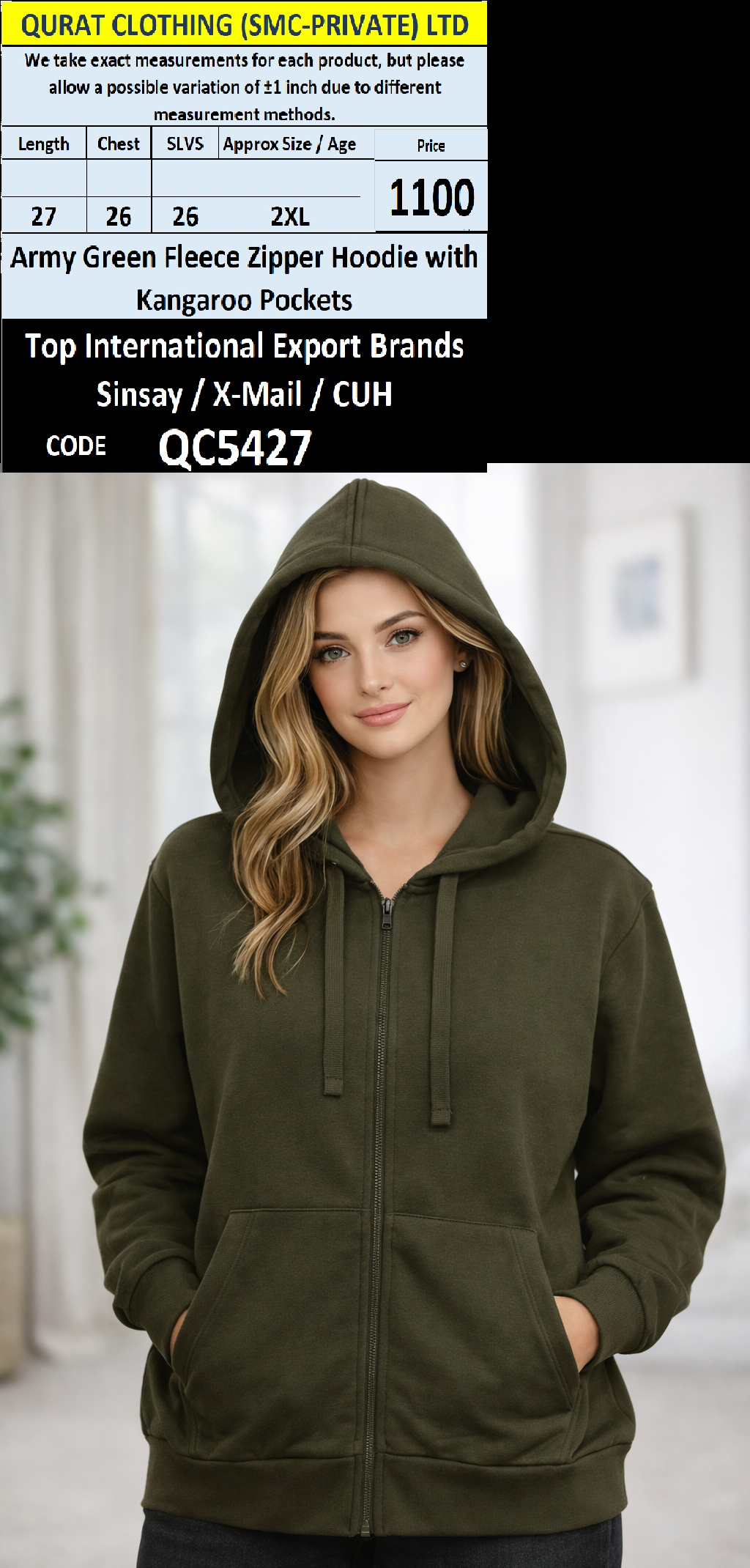 Army Green Fleece Zipper Hoodie with Kangaroo Pockets - QC5427