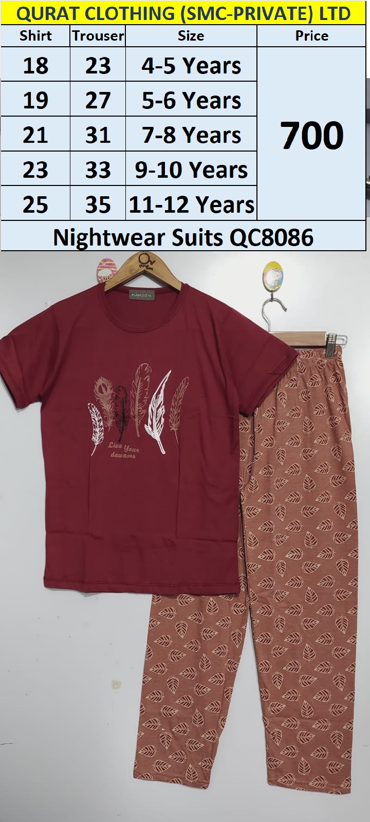 Maroon Feathers Print Kids Nightwear Suits QC8086