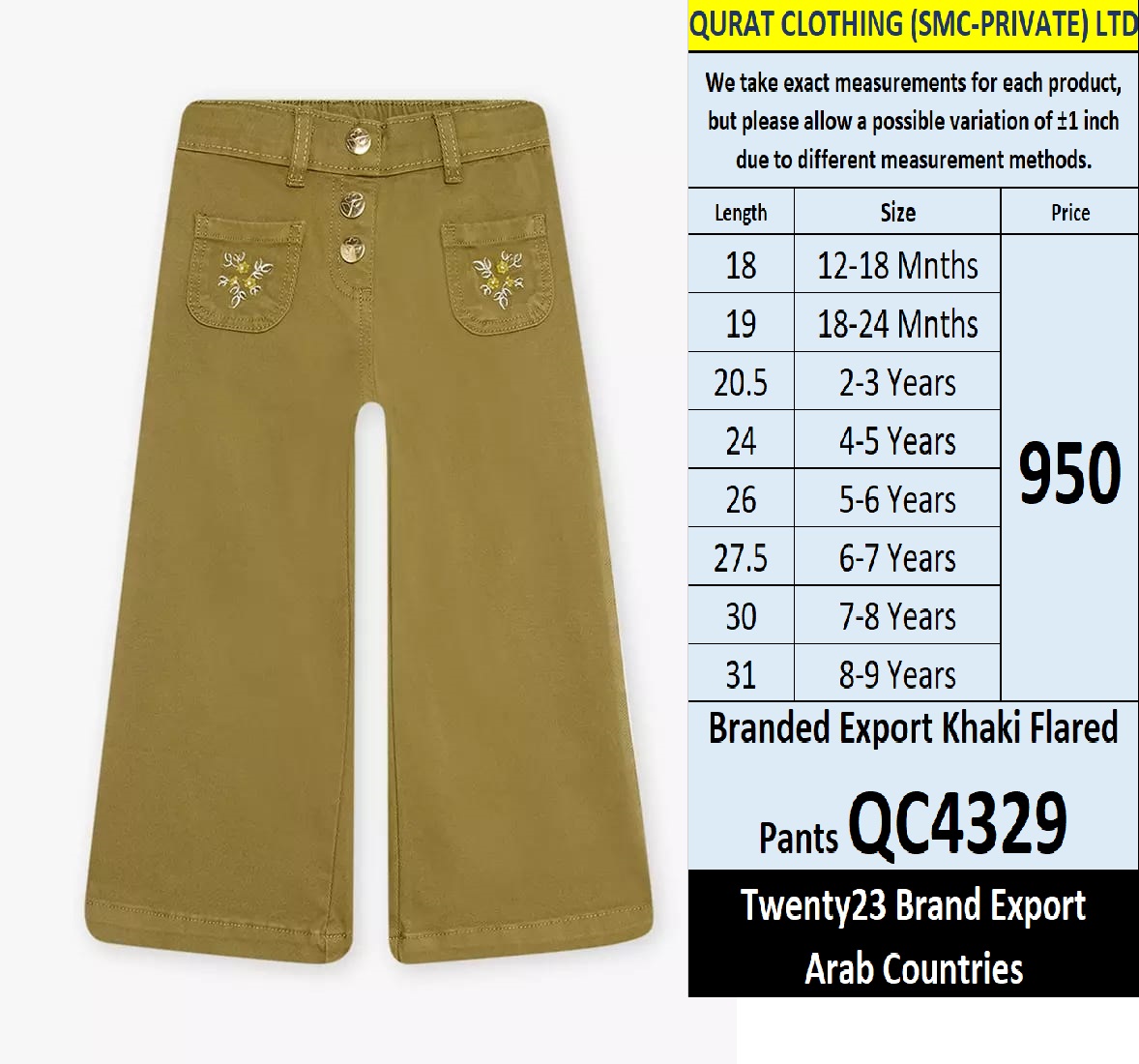 Twenty-Three Brand Khaki Flared Pant QC4329 Export Arab Countries