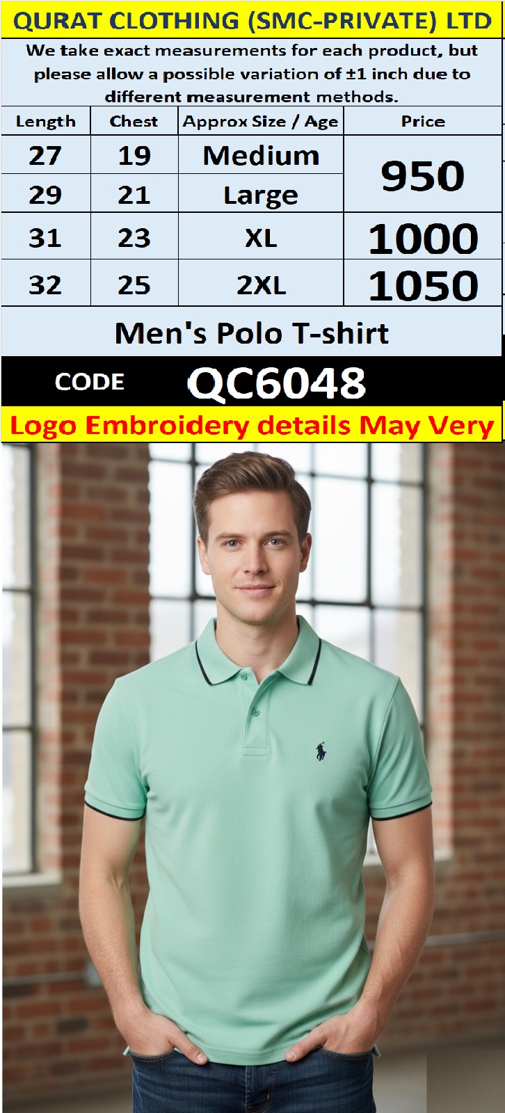 Mint Green Cotton Piqué Polo T-Shirt Embroidered Chest Logo Contrast Collar – QC6048