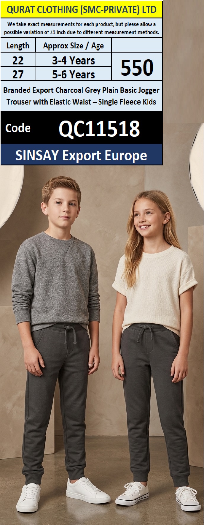 SINSAY Export Europe Branded Charcoal Grey Plain Basic Jogger Trouser with Elastic Waist – Single Fleece Kids – QC11518