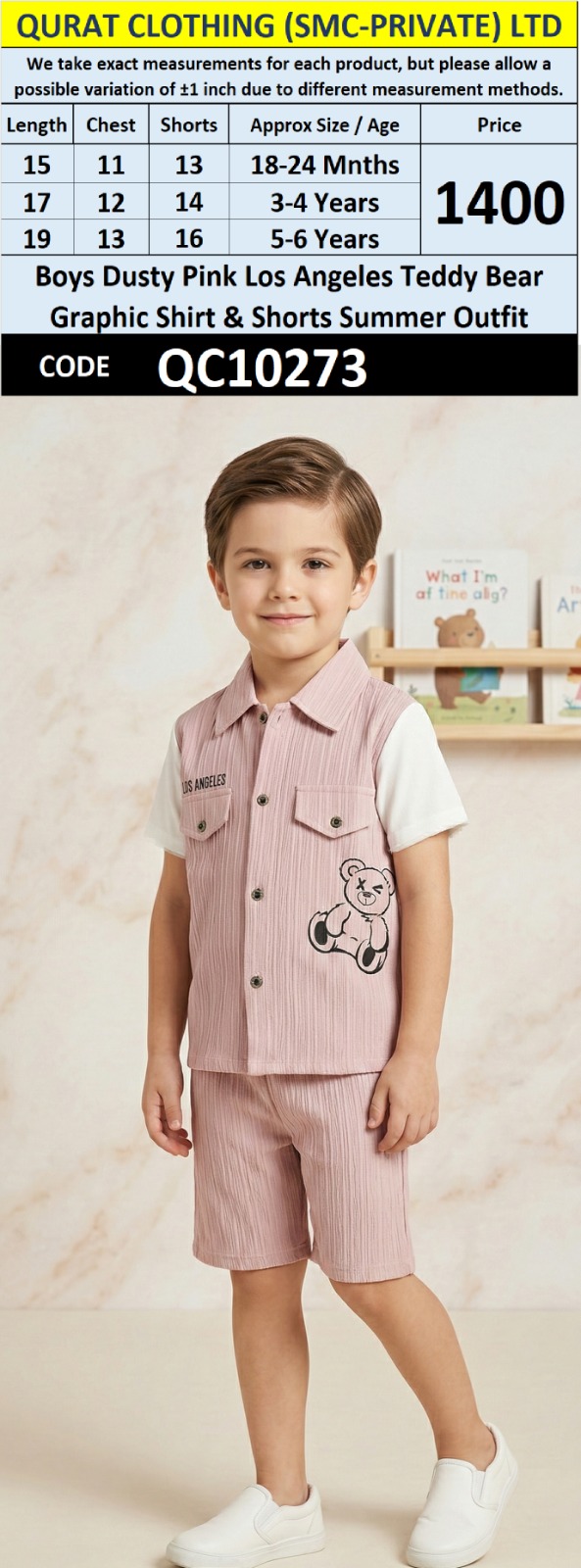 Boys Dusty Pink Los Angeles Teddy Bear Graphic Shirt & Shorts Summer Outfit – QC10273 - QC10273