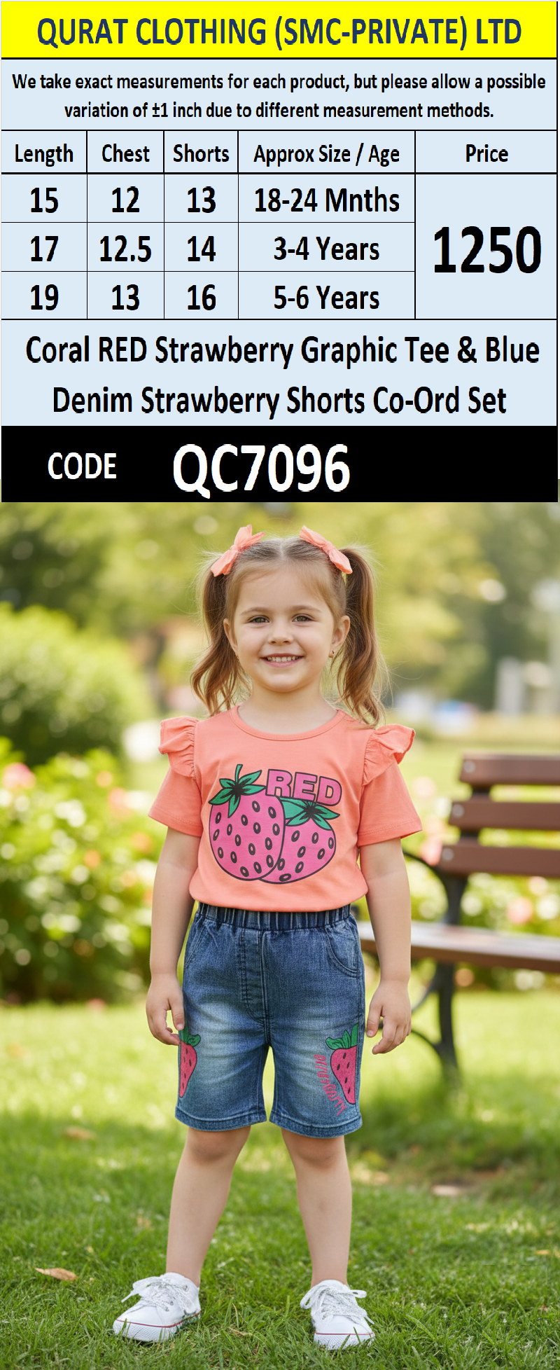 Coral RED Strawberry Graphic Tee & Blue Denim Strawberry Shorts Co-Ord Set – QC7096