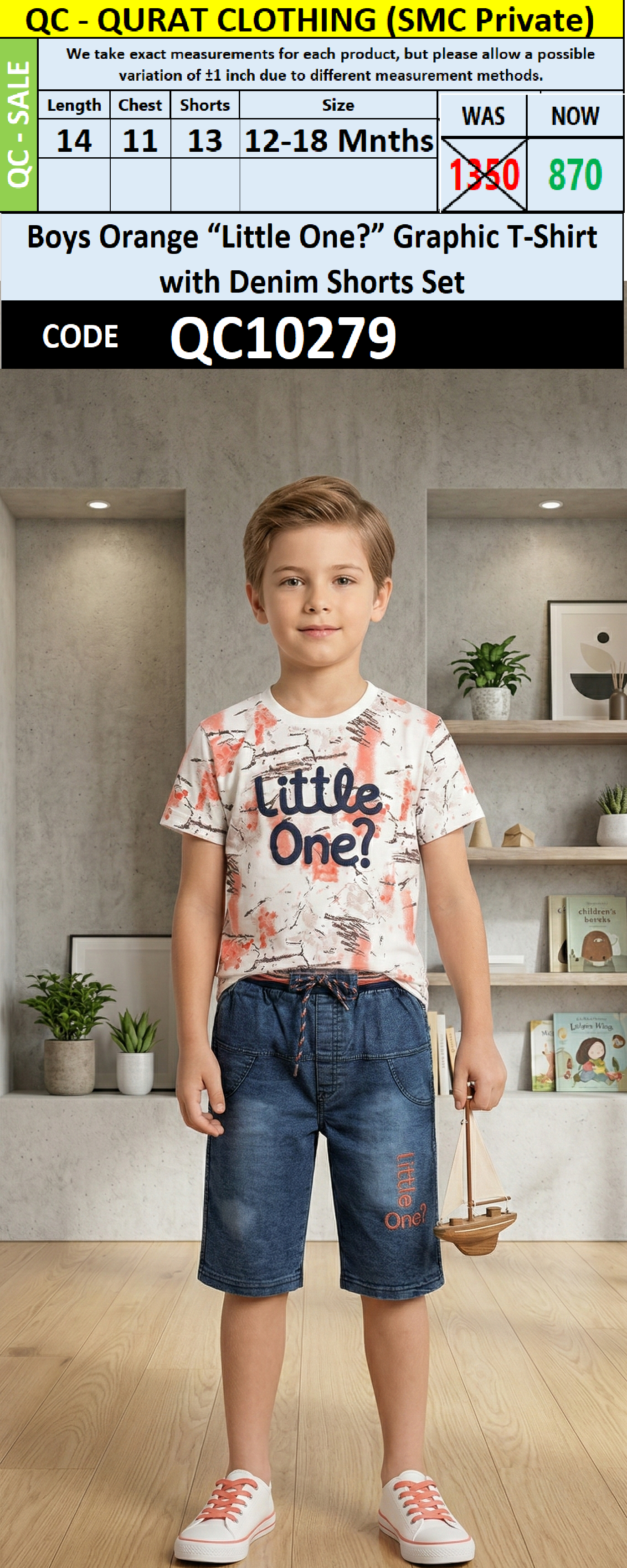 Boys Orange “Little One?” Graphic T-Shirt with Denim Shorts Set QC10279