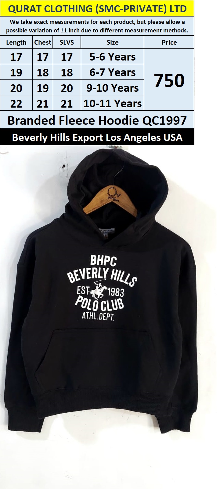 Beverly Hills Brand Fleece Hoodie QC1997 Export Los Angeles USA