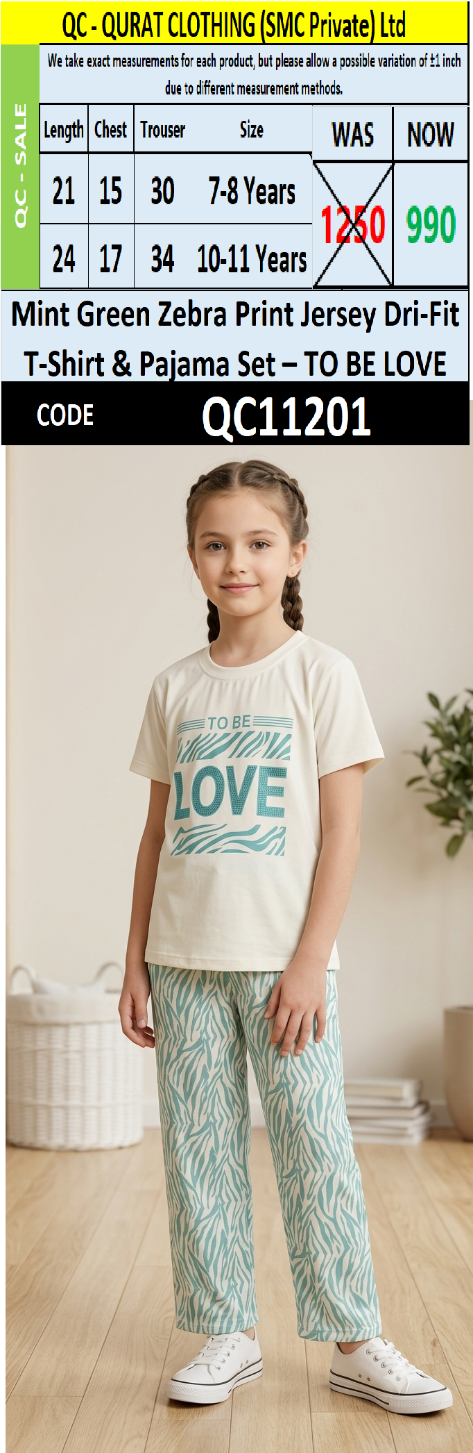 Mint Green Zebra Print Jersey Dri-Fit T-Shirt & Pajama Set – "TO BE LOVE" QC11201
